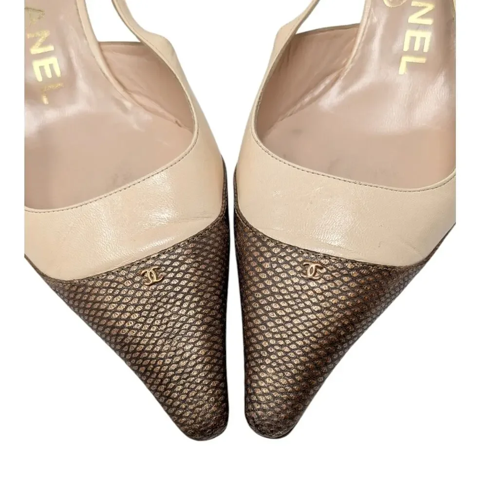 Chanel Vintage Pointed Toe Slingback Kitten Heel Beige Brown CC Logo 36.5 | 6
